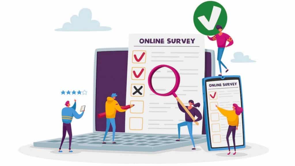 animated people taking an online employee survey
