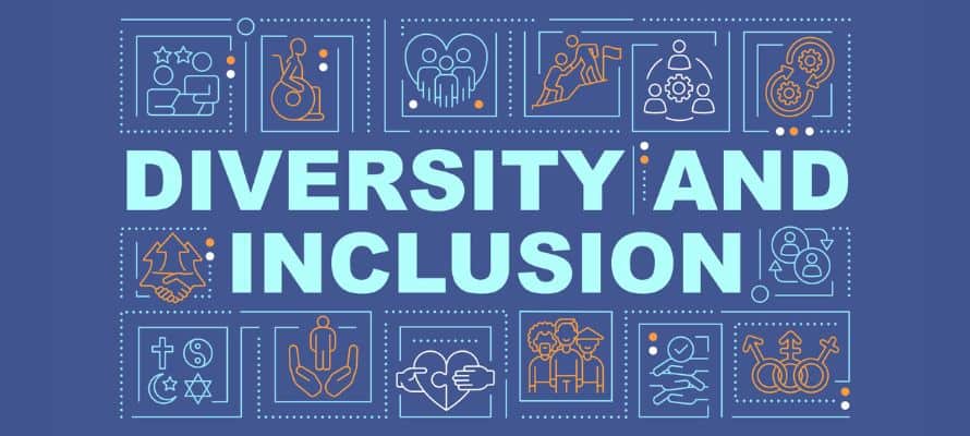 text graphic that says diversity and inclusion with icons representing types of diversity around it