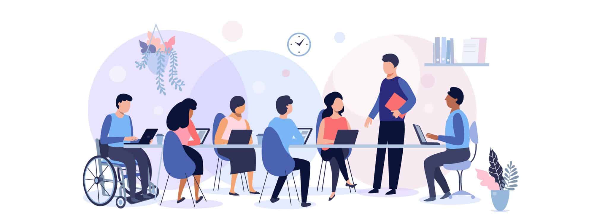 inclusive workplace illustration with a diverse group of employees sitting around a conference room table