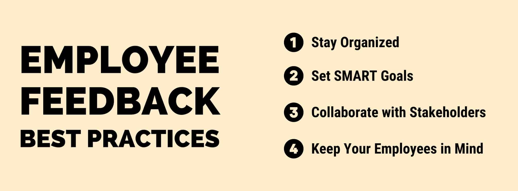 graphic that says: employee feedback best practices, 1. stay organized, 2. set SMART goals, 3. collaborate with stakeholders, 4. keep your employees in mind