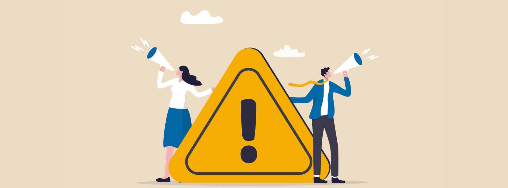 illustration of two people speaking into megaphones with a big caution sign between them