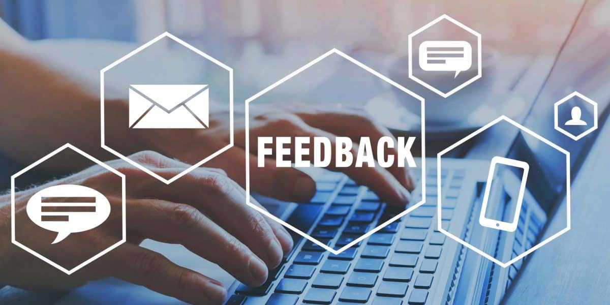 Graphic with text icon, mail icon, the word feedback, and a mobile device.