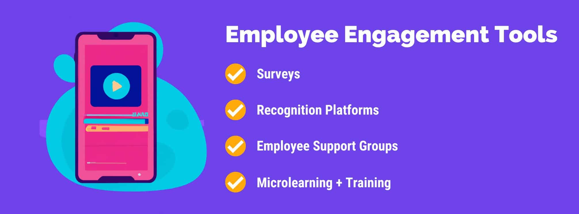 graphic with a phone playing a video and the text "employee engagement tools" with a list of examples