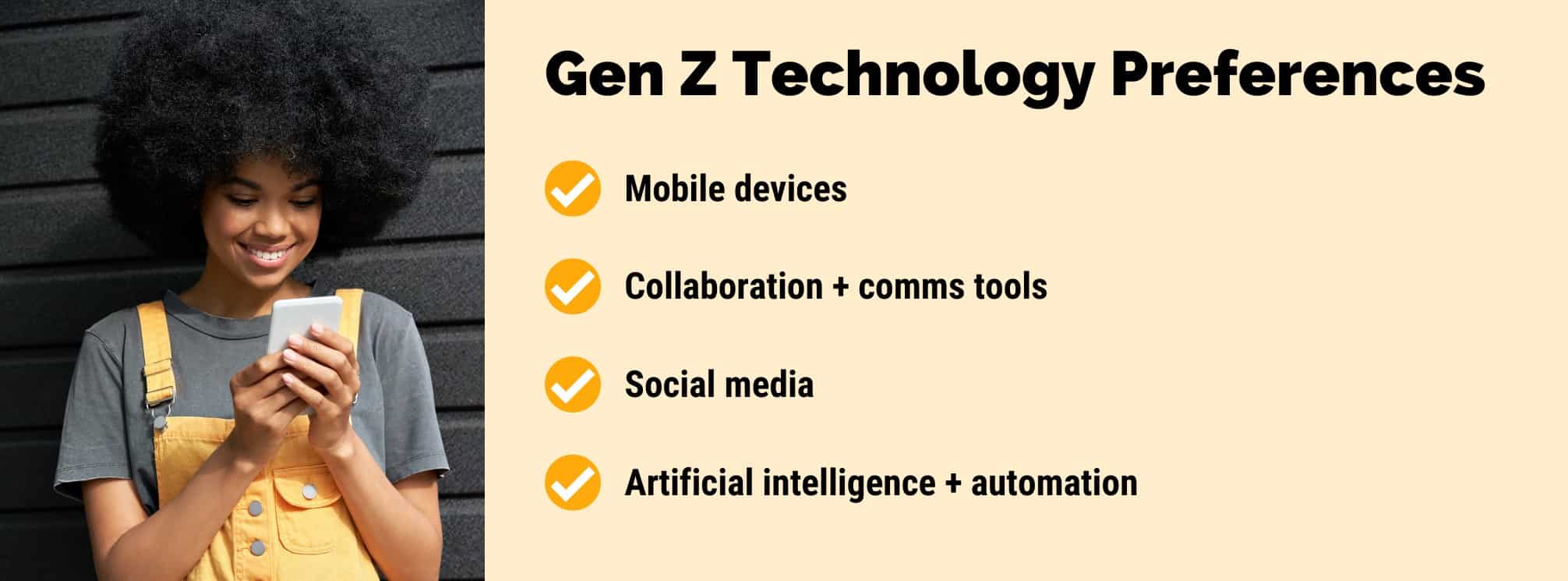 graphic depicting a young gen zer using her smartphone with the text "gen z technology preferences"