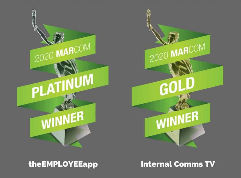 2020 MarCom Platinum Winner statue next to a 2020 MarCom Gold Winner Statue