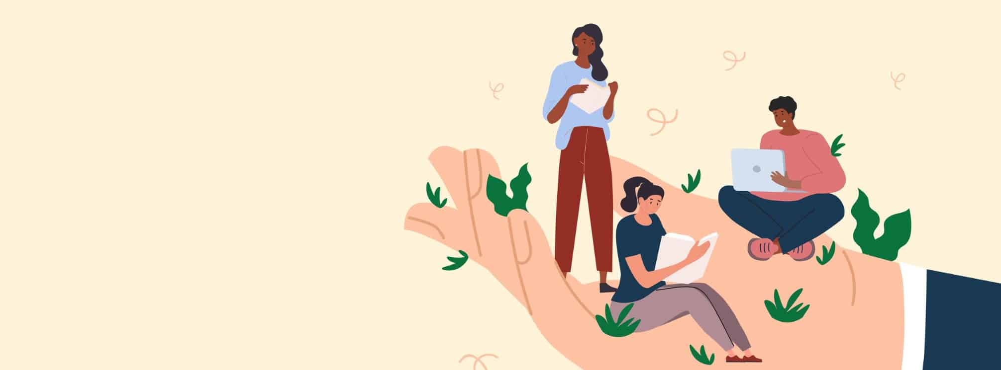 flat art illustration of a hand holding up three employees working in diverse ways