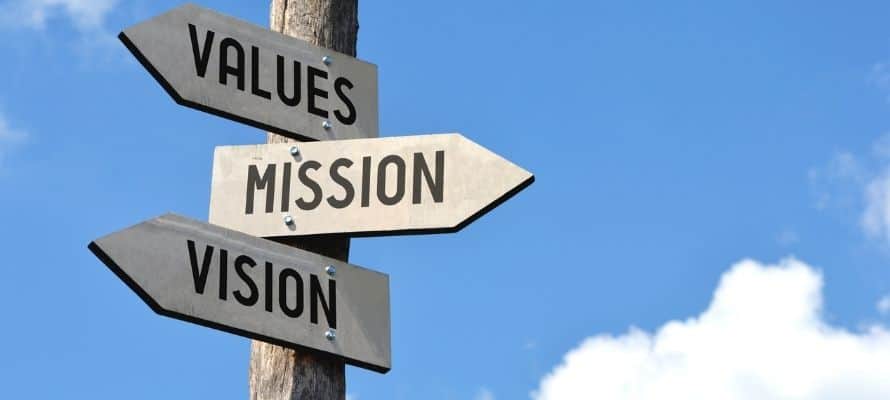 values, mission, and vision on a sign