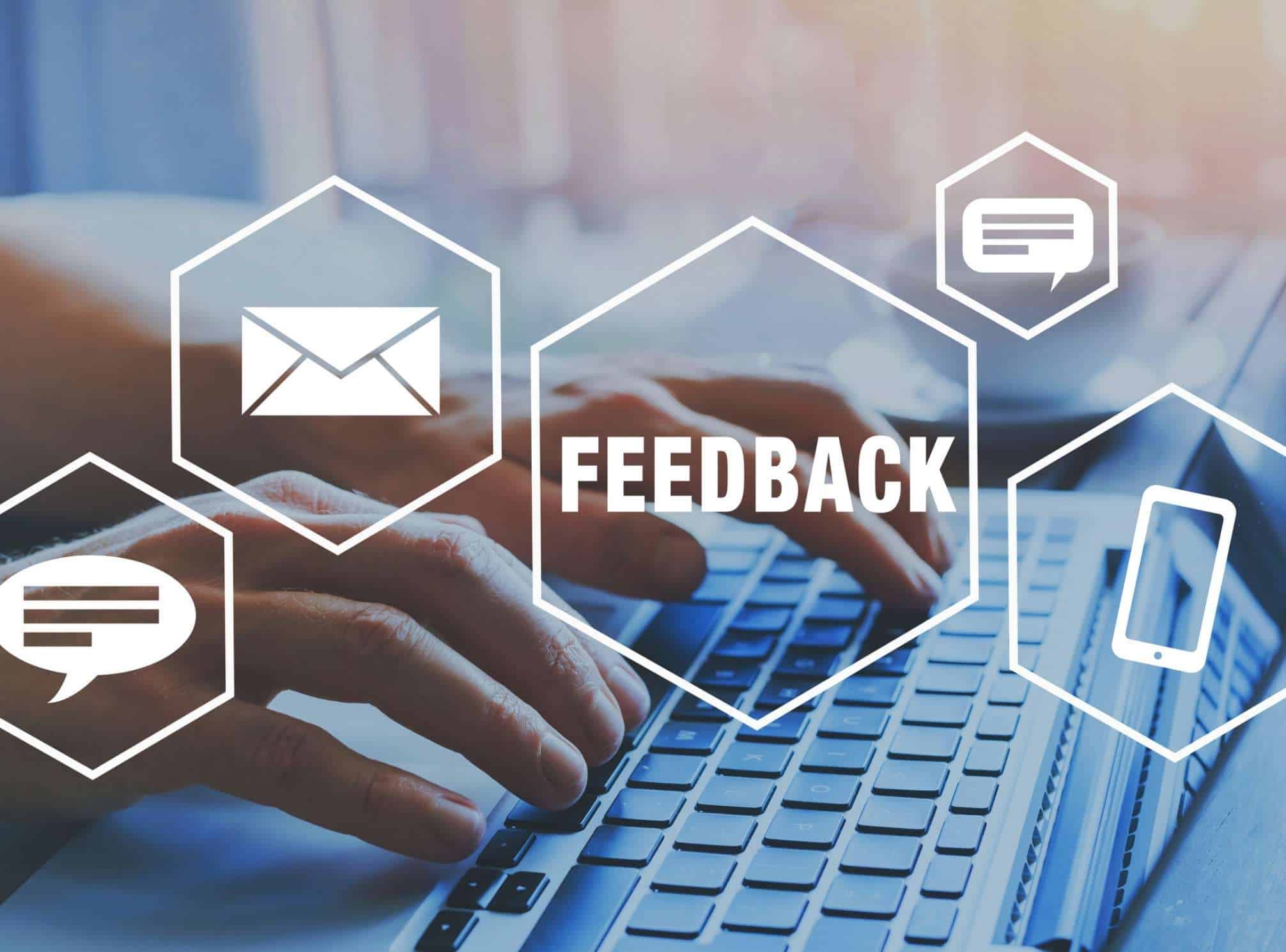 icons for text and email and phones with the word "feedback"