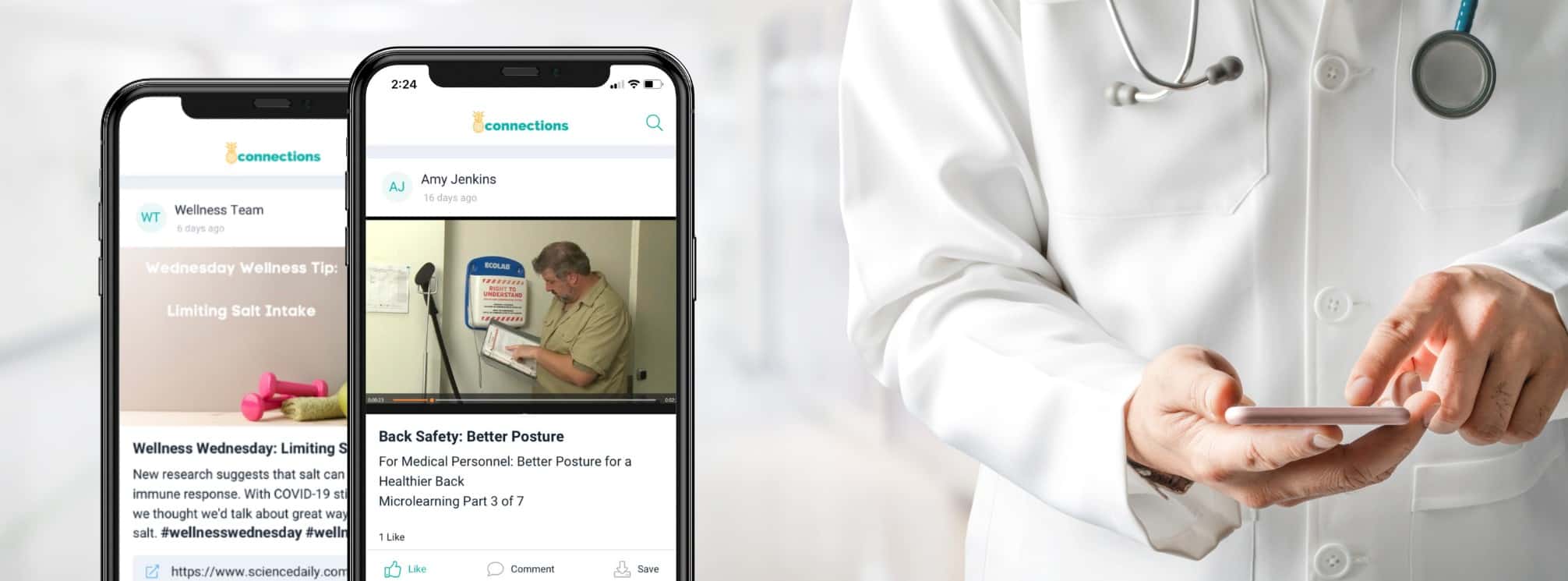 two phones showing theEMPLOYEEapp's news feed over a picture of a doctor using their phone in the hospital