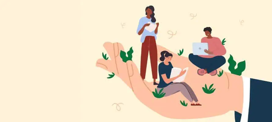 three animated workers sitting on a hand to represent workplace belonging