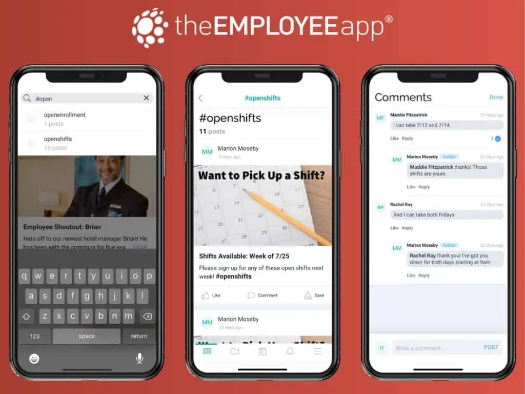 3 phones showing theEMPLOYEEapp version 460 engagement functionality