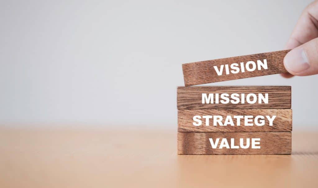 wooden blocks stacked with the words vision, mission, strategy, and values