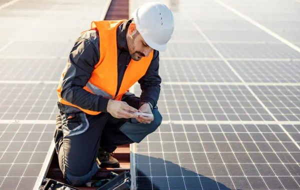 solar panel worker checking his phone