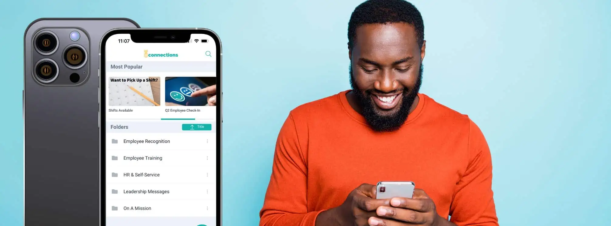 graphic of a smartphone with a screen of the employee app on it with a man using his phone and smiling
