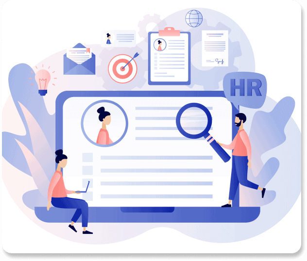 illustration of people in HR looking at an employee profile