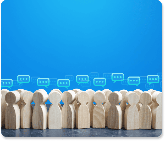 wooden block people with speech bubbles overhead to represent employee comms