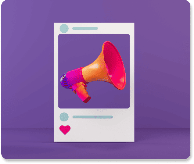 megaphone in a social media post frame on a purple background with a heart for employee engagement