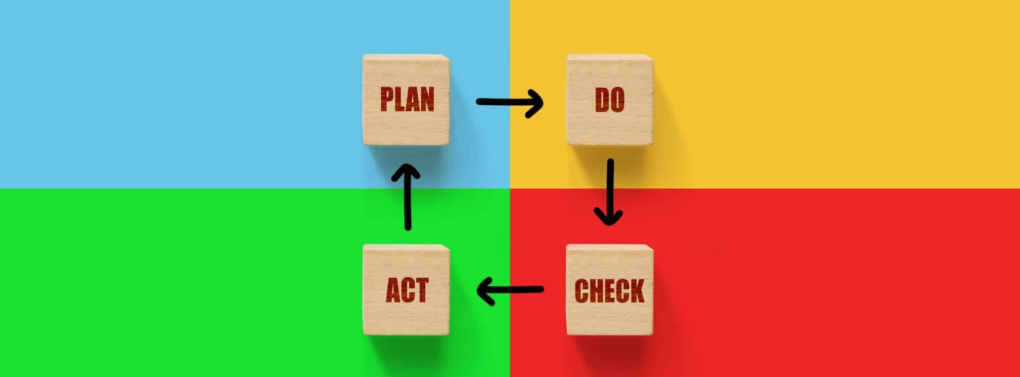 wooden blocks that say plan do act check to represent internal comms campaign idea planning.