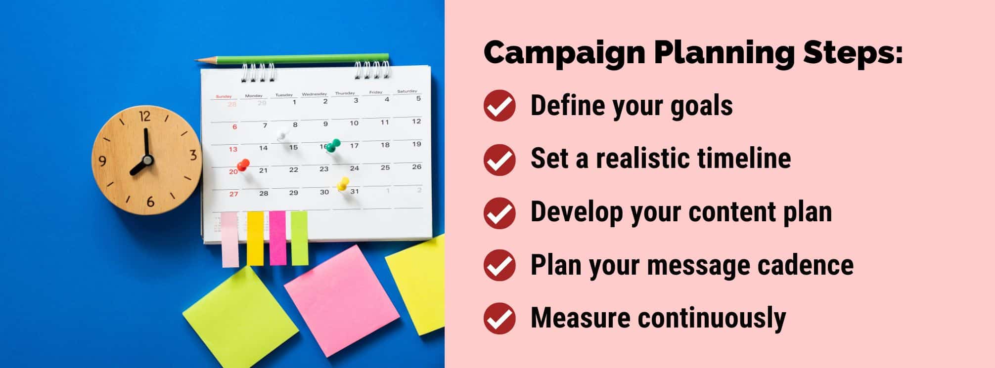 graphic with a calendar, clock, and sticky notes with the text "campaign planning steps"
