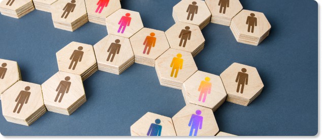 people icons on wooden blocks connected in a grid to represent a HR communication plan