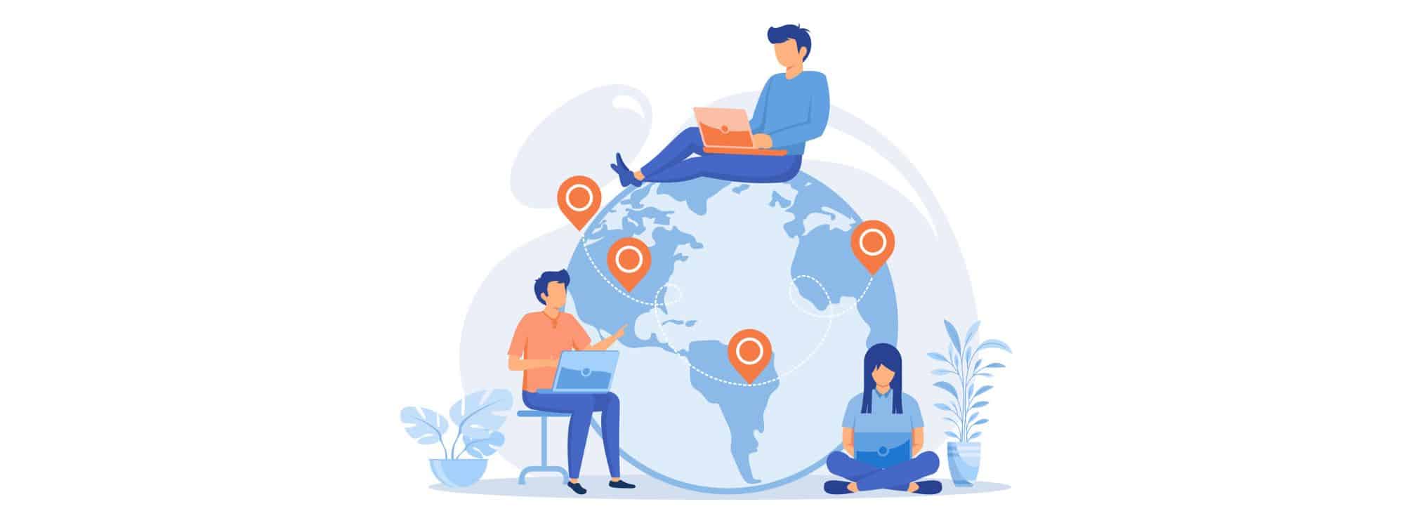 illustration of three workers using their computers and being connected from around the world