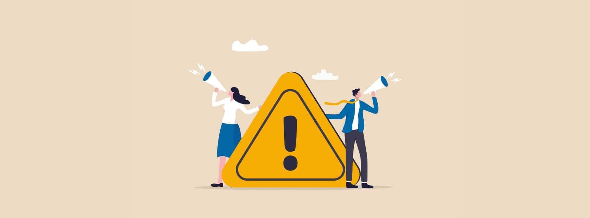 illustration of two business people speaking into megaphones with an alert notification icon between them