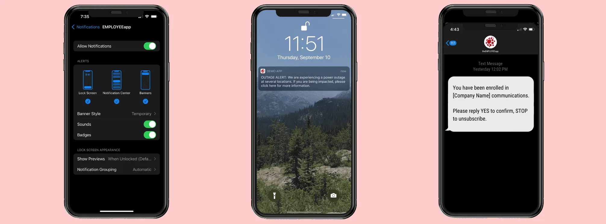 theEMPLOYEEapp push notifications vs sms screens. Screen one is setting app notification settings, screen two is a push notification banner, and screen three is a sms text.