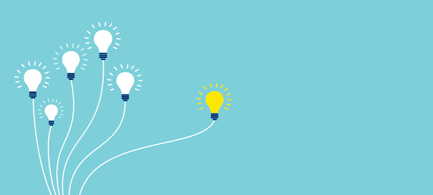 intranet content ideas represented by one lit lightbulb separate from a group of unlit lightbulbs