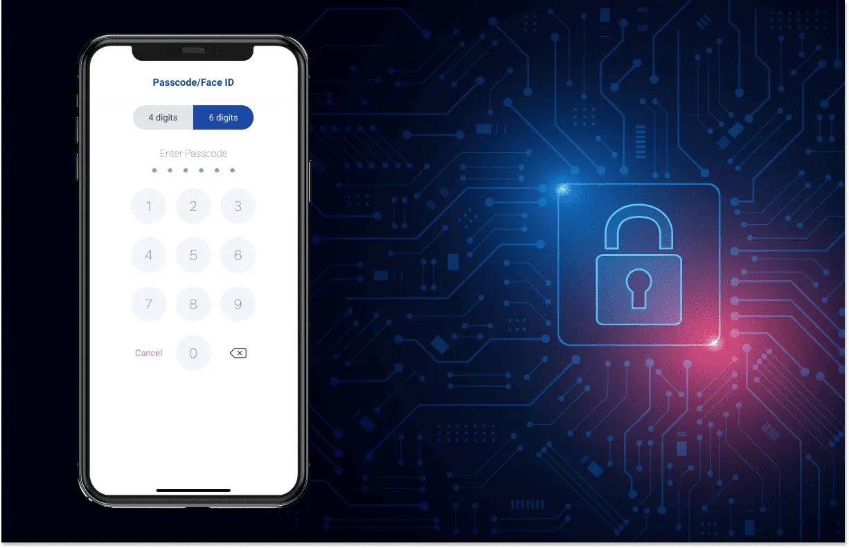 theEMPLOYEEapp 6-digit login password screen on top of an image with a lock icon on it to represent app security