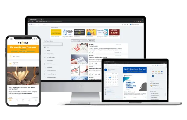our internal communication app and employee intranet on a phone, laptop, and desktop computer.
