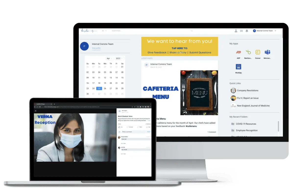 theEMPLOYEEapp's employee intranet shown on a laptop and desktop computer. The laptop shows an employee recognition post with comments and the desktop shows our engaging social news feed.