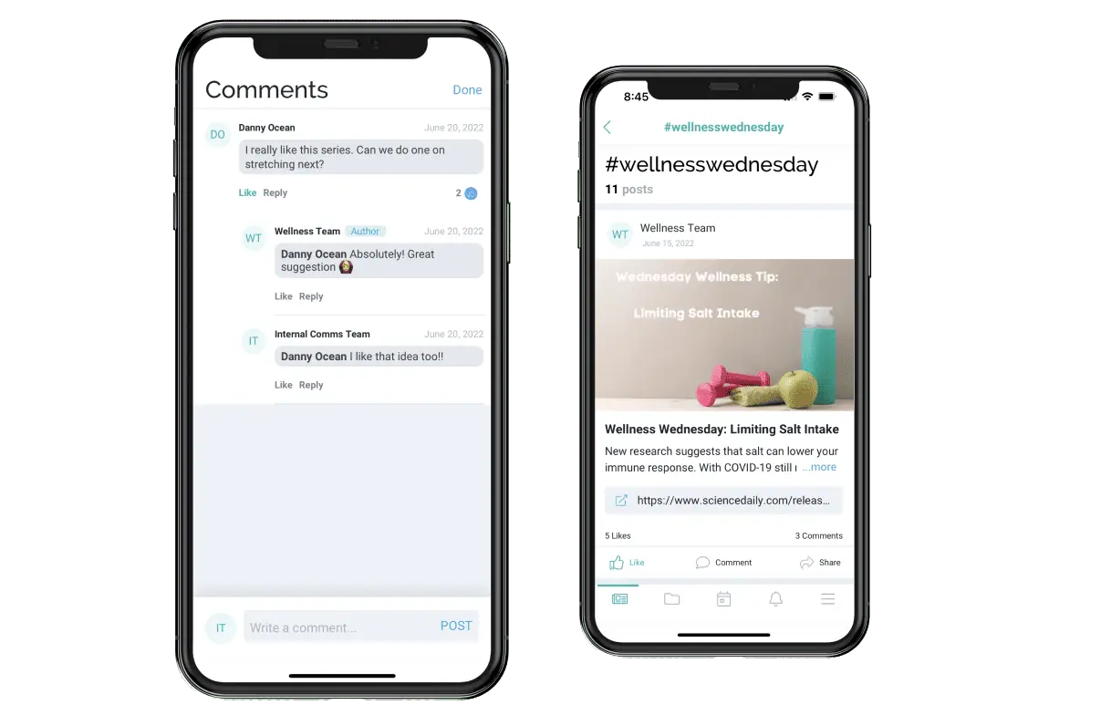 two screens of theEMPLOYEEapp's mobile app for frontline workers. One screen shots thread comments and user mentions and the other screen shows hashtags on a post.