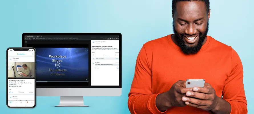example of microlearning videos on theEMPLOYEEapp platform beside an employee accessing them on his phone