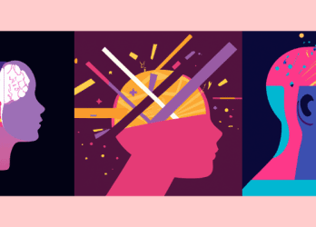 three flat art images of minds expanding, represented by colors coming out of people's minds