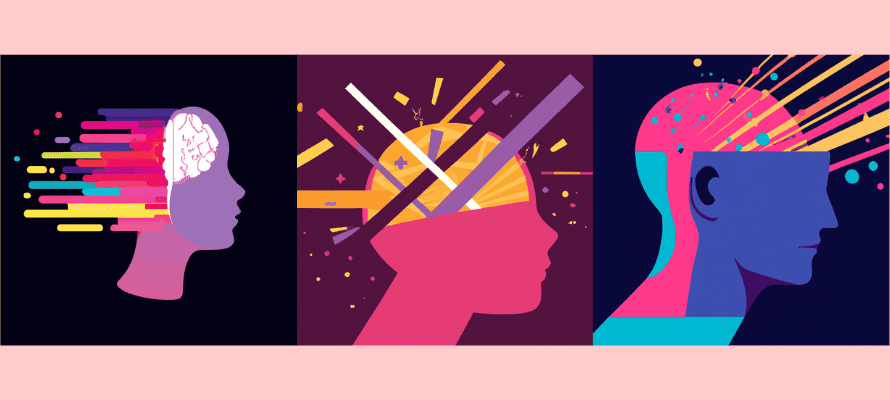 three flat art images of minds expanding, represented by colors coming out of people's minds