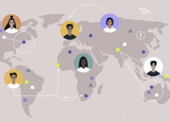 flat art illustration of a map of the world with people working from many distributed locations