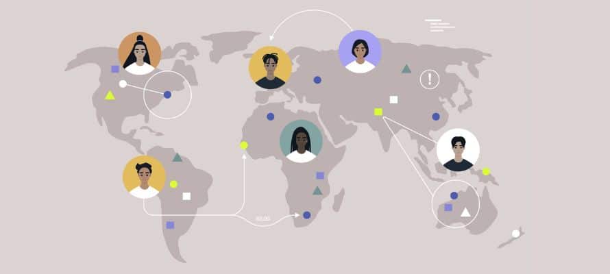 flat art illustration of a map of the world with people working from many distributed locations
