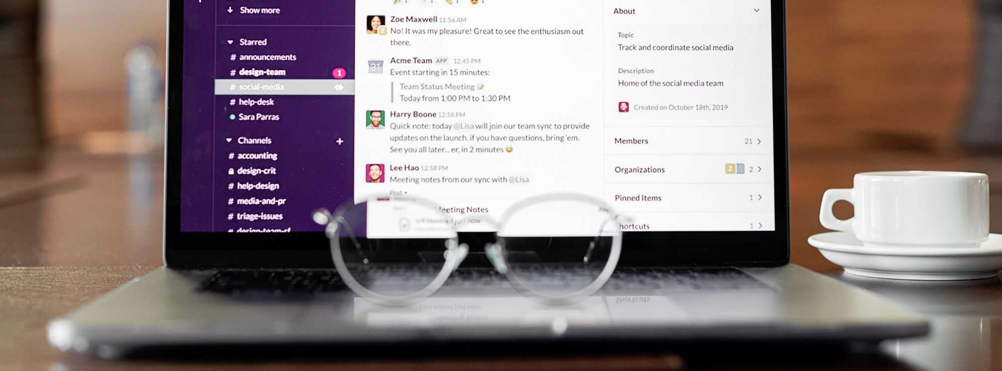 image of slack, a business collaboration tool, pulled up on someone's laptop