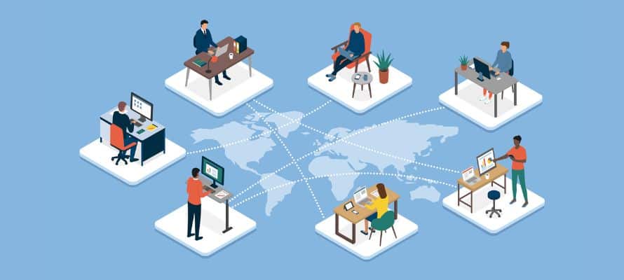 distributed workforce management flat-art illustration where employees working at desks all around a map of the globe