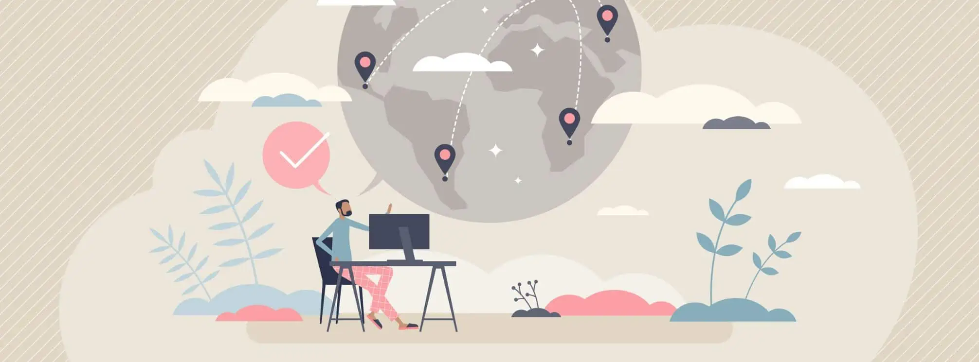 business professional working at their desk with an image of the world floating above them with different locations marked on the map