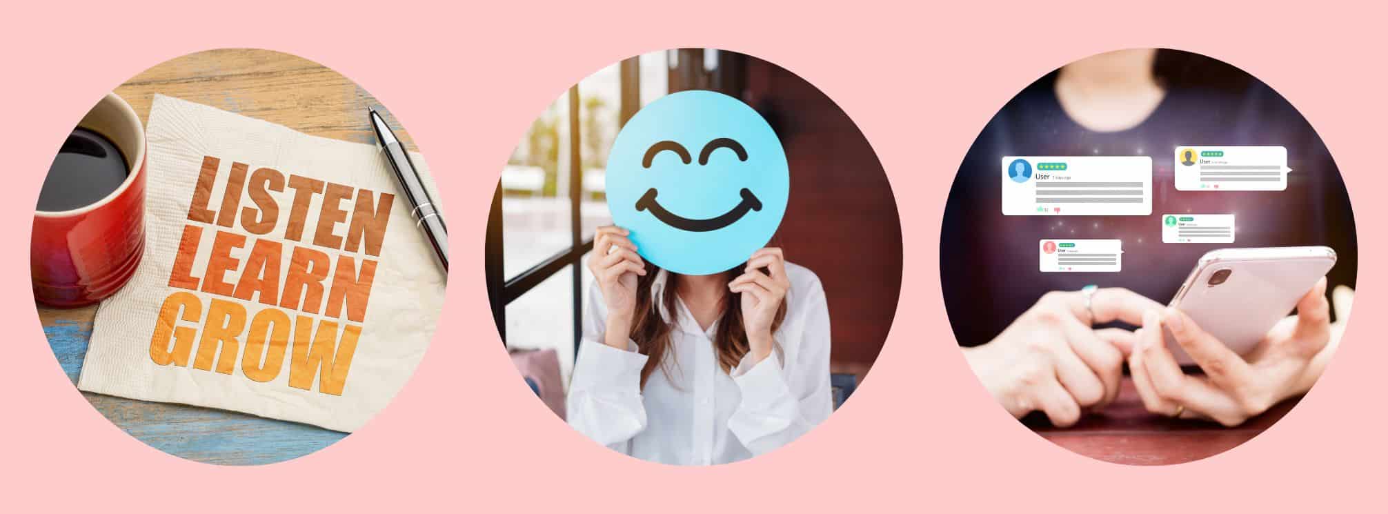 three circular images representing employee listening, employee engagement, and employee experience
