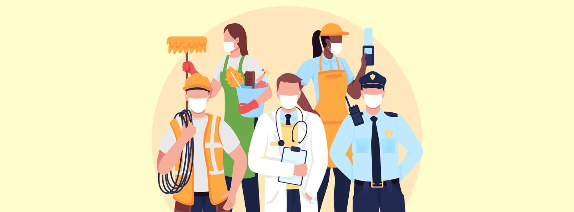 flat are illustration showing examples of frontline workers including first responders and doctors