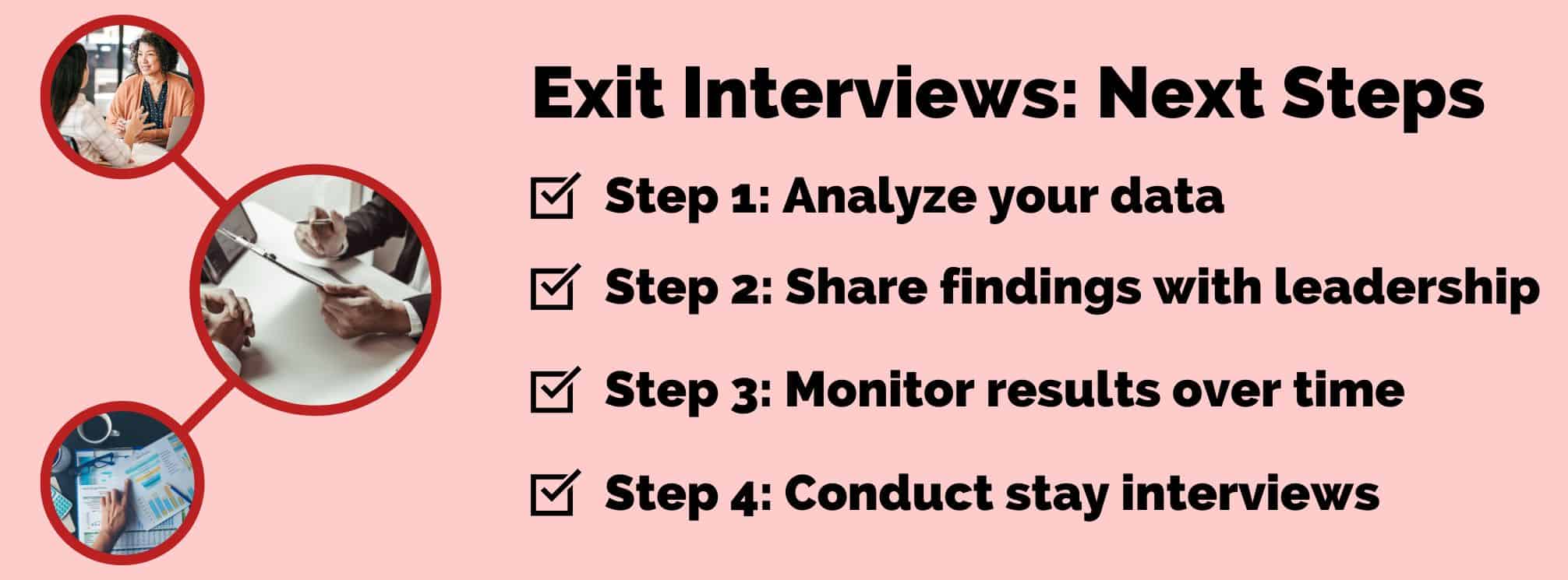 text-based graphic that says "exit interviews: next steps" and lists out the 4 steps to take after the interviews