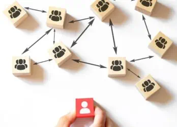 one red block with a person icon to represent a manager with a bunch of other wooden blocks with people icons all interconnected. This represents managing a hybrid workforce.