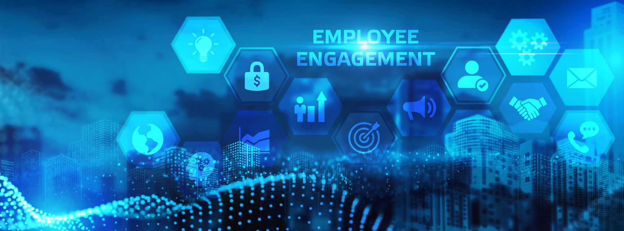 blue graphic with icons representing elements of the employee experience and the words employee engagement