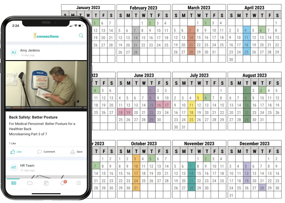 theEMPLOYEEapp's sample microlearning calendar with a phone showing a microlearning video on it