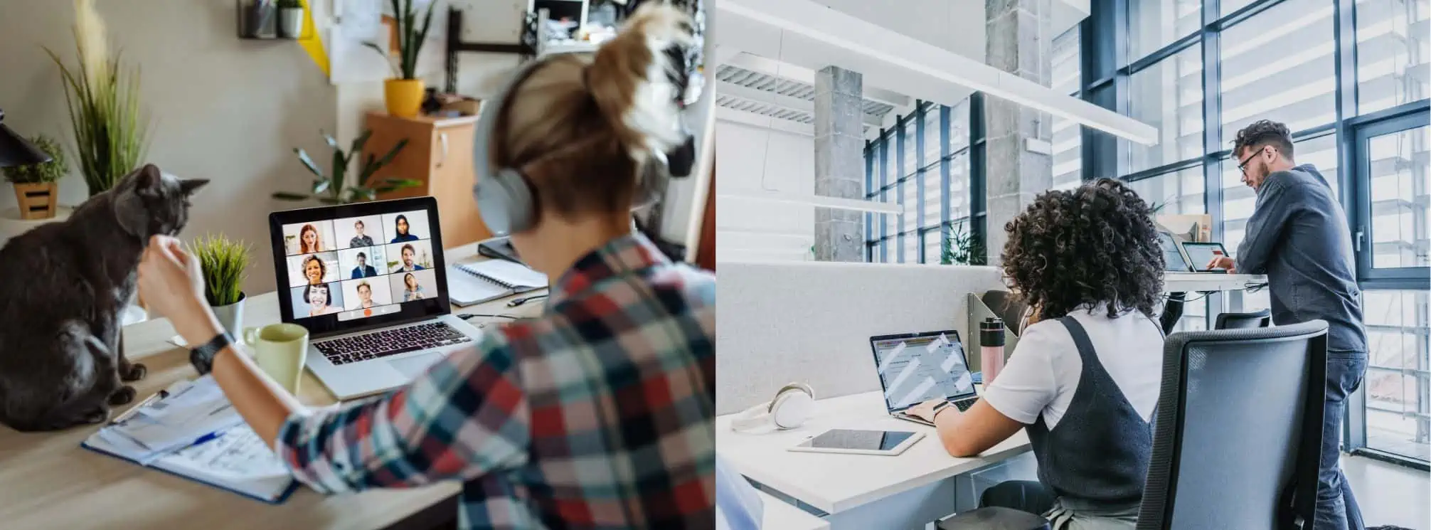 graphic showing a remote employee on the left working from home and in office staff working at their office desks.