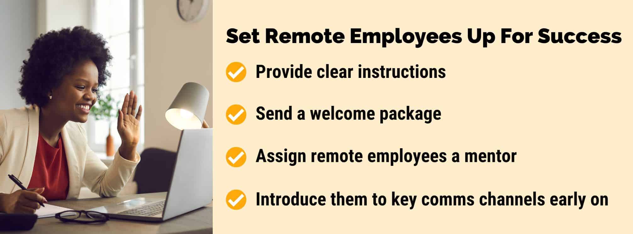 young black remote employee on a video call for work. Text that says "set remote employees up for success" with four best practices to do that.