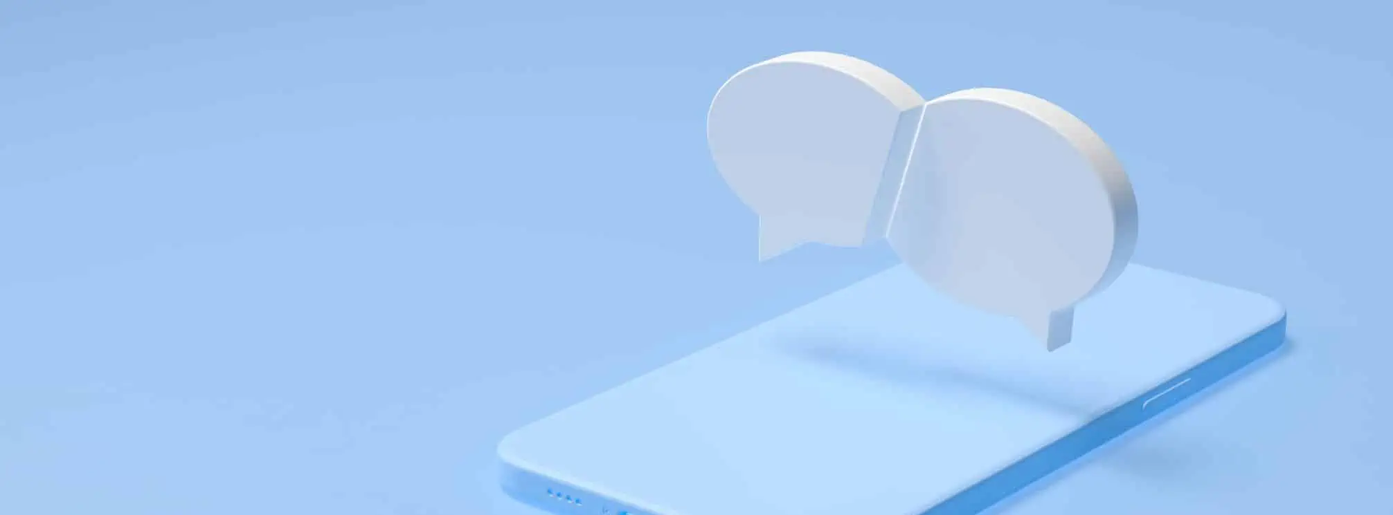 3D render of a rectangle in the shape of a smartphone with two speech bubbles hovering over it. All shades of blue colors.