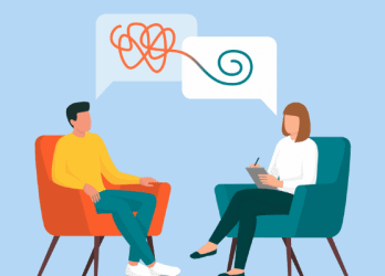 flat art illustration to represent verbal and written communication between two people sitting in chairs